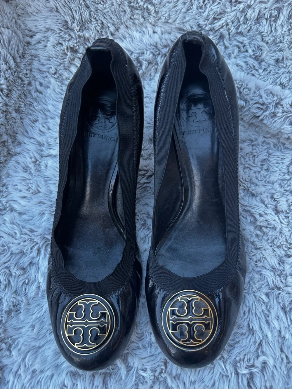 Tory Burch Black Patent Leather Logo Heels with Gold Emblem